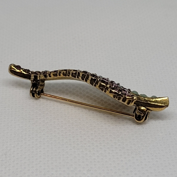 STUNNING Vintage Purple Rhinestone Turquoise Stone Gold Tone Leaf Brooch - Picture 4 of 15